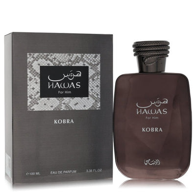 Hawas Kobra cologne bottle for men by Rasasi — Aromatic aquatic woody fragrance with grapefruit, bergamot, sea notes, violet, lavender, iris, ambergris, musk, vetiver, and woody notes