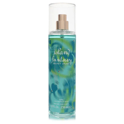 Bottle of Island Fantasy fragrance mist by Britney Spears on a white background