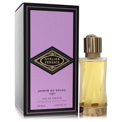 Jasmin Au Soleil Perfume bottle and box with gold cap and purple packaging