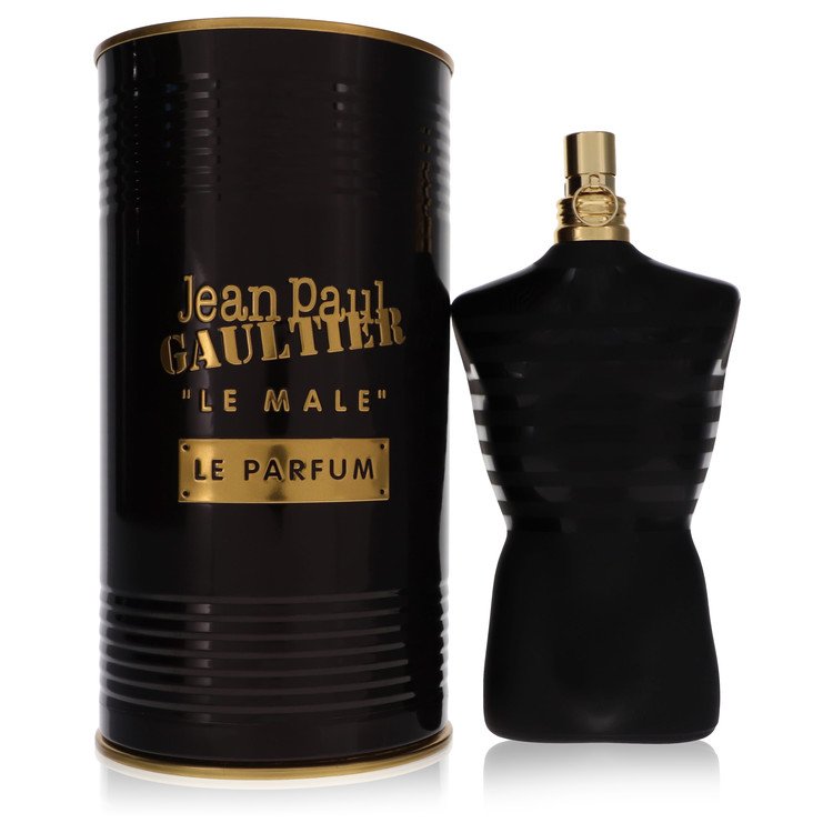 Black and gold Jean Paul Gaultier Le Male perfume bottle and packaging on a white background