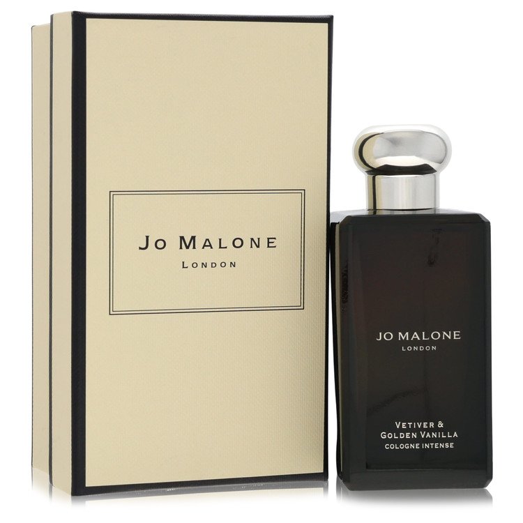 Jo Malone London Vetiver & Golden Vanilla Cologne Intense bottle in dark glass — amber woody fragrance with cardamom, vetiver, and bourbon vanilla.