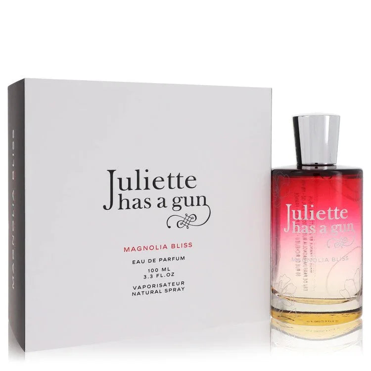 Perfume bottle and packaging of 'Juliette has a gun' Magnolia Bliss on a white background
