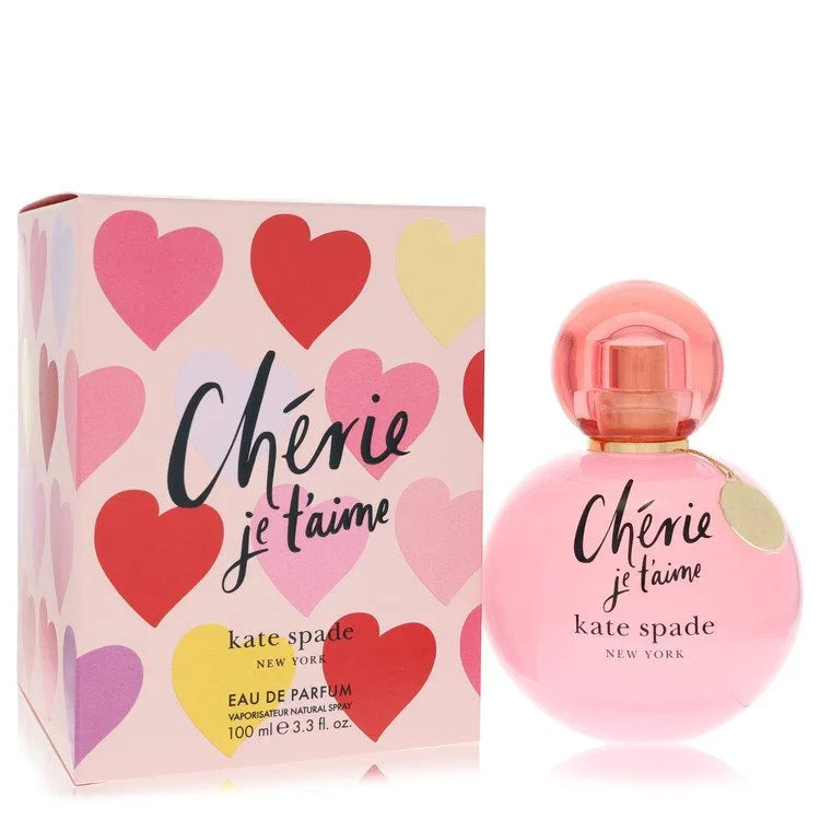 kate spade New York 'Chérie je t'aime' perfume bottle and packaging with heart designs.