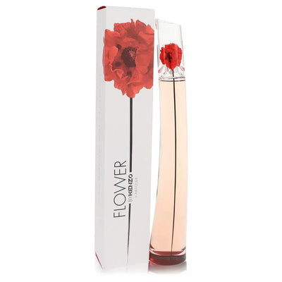 Perfume bottle with red flower design and packaging on a white background