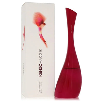 Red perfume bottle with 'Kenzo Amour' packaging on a white background