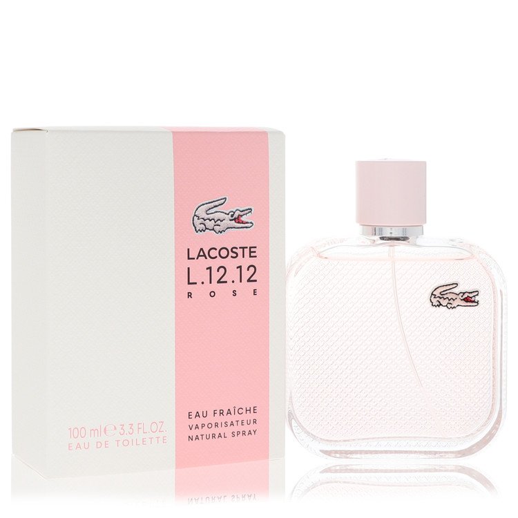 Lacoste L.12.12 Rose perfume bottle and packaging on a white background
