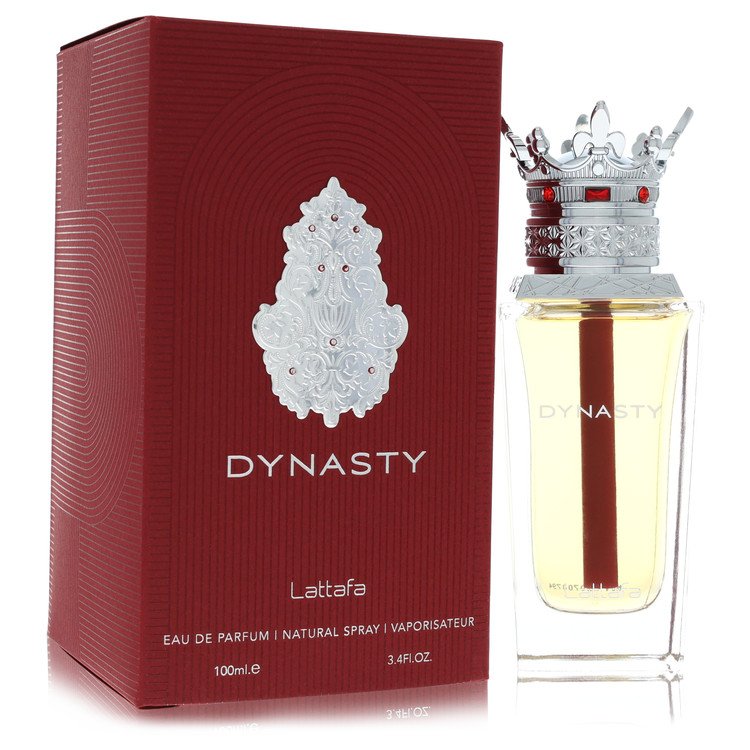 Lattafa Dynasty Perfume bottle, woody spicy fragrance with bergamot, ginger, clary sage, rooibos tea, suede, amberwood, cedarwood, and cashmeran