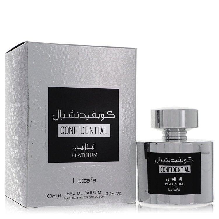 Lattafa Confidential Platinum Cologne bottle — men’s Eau de Parfum with citruses, cypress, bergamot, black pepper, sea notes, woods, olibanum, ambergris, musk, labdanum, and moss.