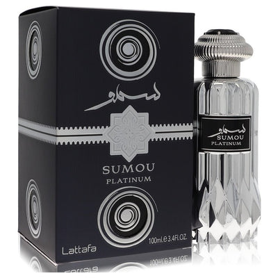 Lattafa Sumou Platinum Eau de Parfum bottle — Fruity Woody men's fragrance with bergamot, apple, plum, mahogany, cinnamon, and cedar notes