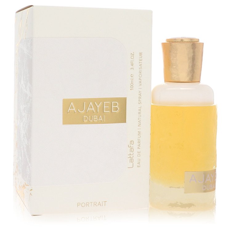 Perfume bottle and packaging of Ajayeb Dubai with gold accents on a white background