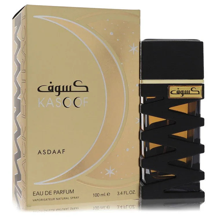 Lattafa Kasoof Black Extract EDP bottle showing woody spicy floral notes citrus aromatic spices floral woody accords musk amber cedarwood