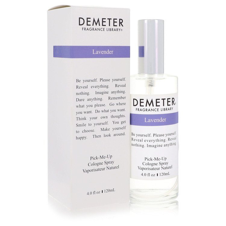 Demeter Lavender cologne spray bottle and packaging on a white background