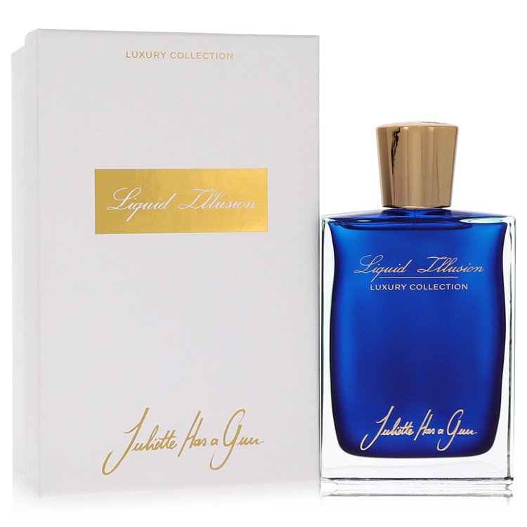 Blue perfume bottle with gold cap and 'Liquid Illusion' branding next to a white box with the same branding.