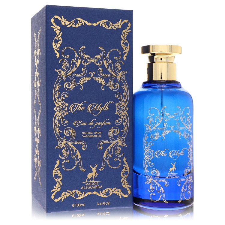 Blue perfume bottle with gold cap and decorative packaging on a white background