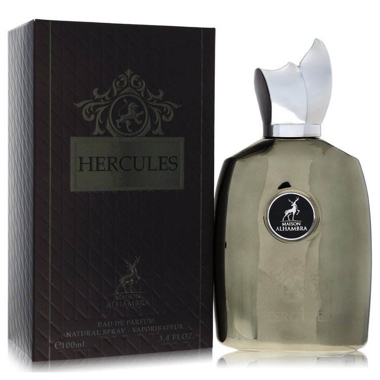 Maison Alhambra Hercules Cologne bottle, woody spicy tobacco fragrance with cinnamon, pepper, tobacco leaf, incense, labdanum, osmanthus, vanilla, musk, cedar, and vetiver