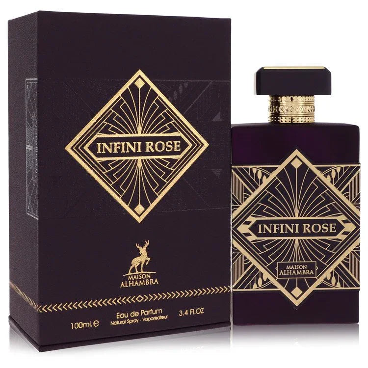 Infini Rose perfume bottle and packaging with gold and black design.
