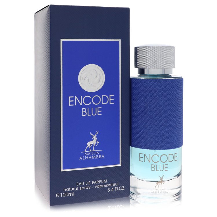 Blue Encode perfume bottle and packaging on a white background