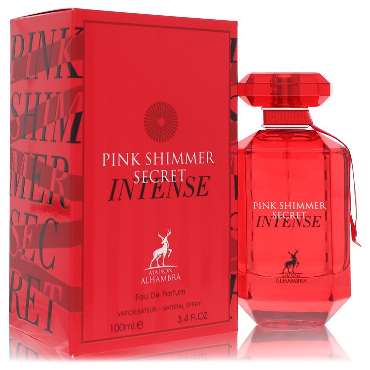 Red 'Pink Shimmer Secret Intense' perfume bottle and packaging with Maison Alhambra branding.