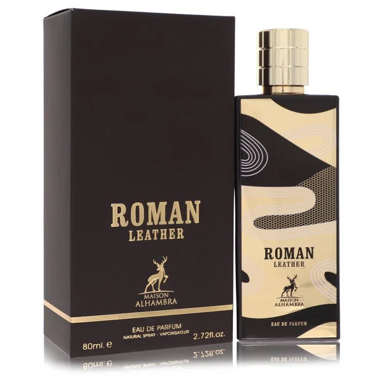 Perfume bottle and packaging of 'Roman Leather' by Maison Alhambra on a white background