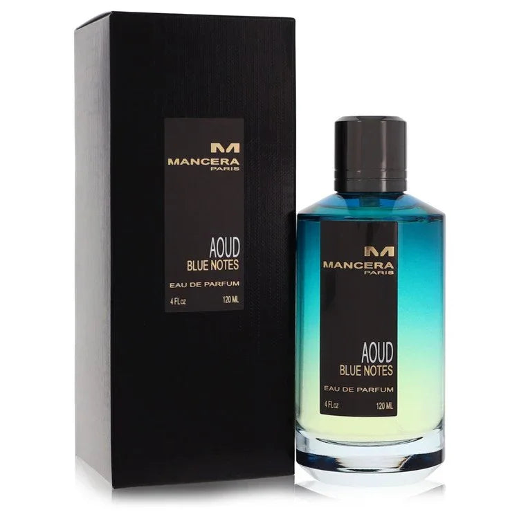 Mancera Aoud Blue Notes perfume bottle and packaging on a white background