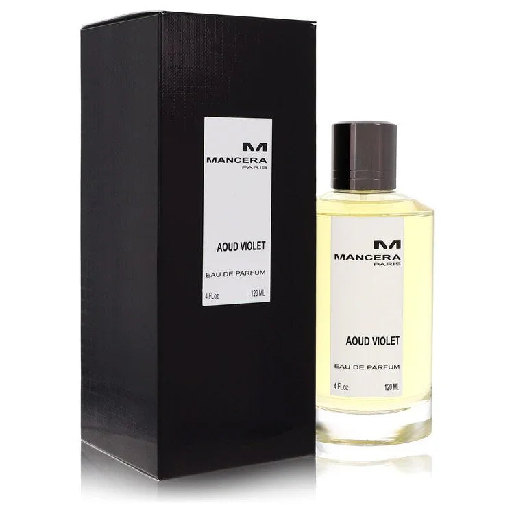Mancera Aoud Violet eau de parfum bottle and packaging on a white background