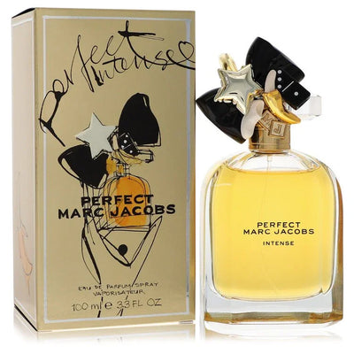 Marc Jacobs Perfect Intense perfume bottle and packaging on a white background