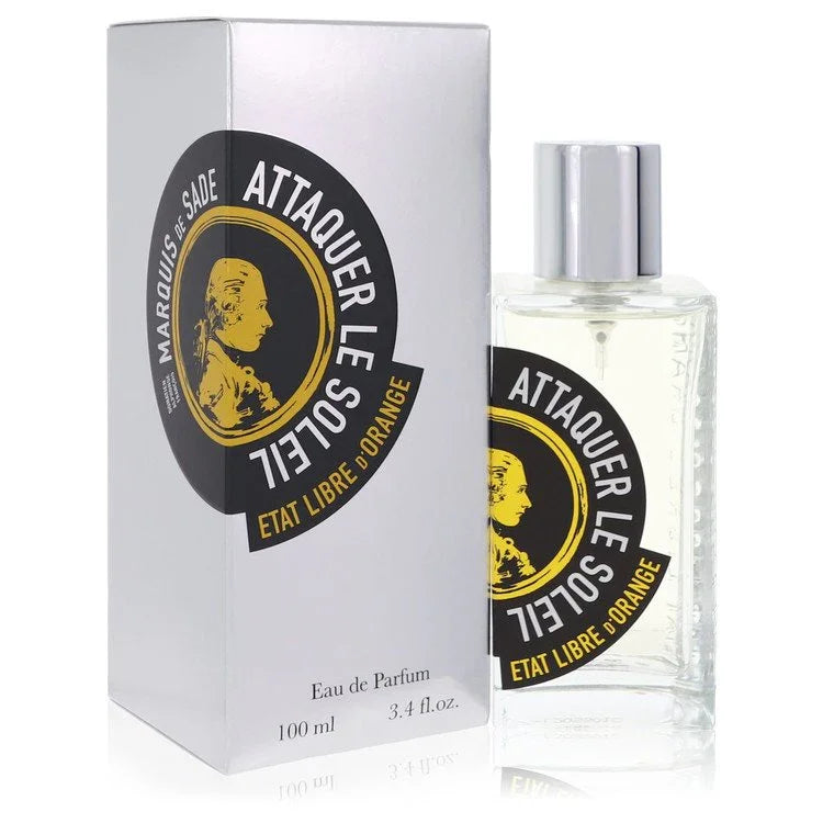 Perfume bottle and packaging of Attaquer Le Soleil by Etat Libre d'Orange on a white background