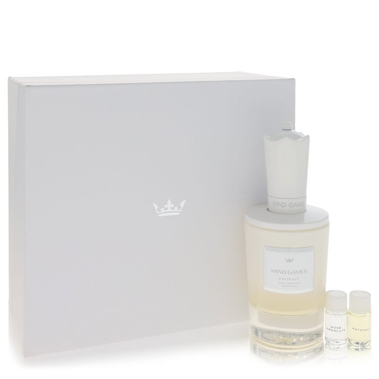 Perfume set with a bottle and two small samples on a white background