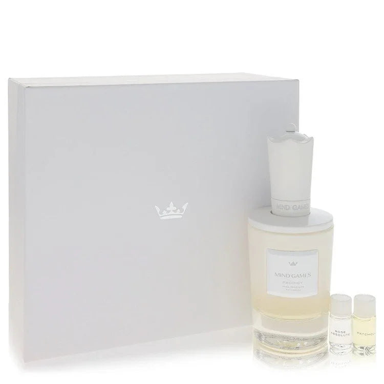 Perfume set with a bottle and two small samples on a white background