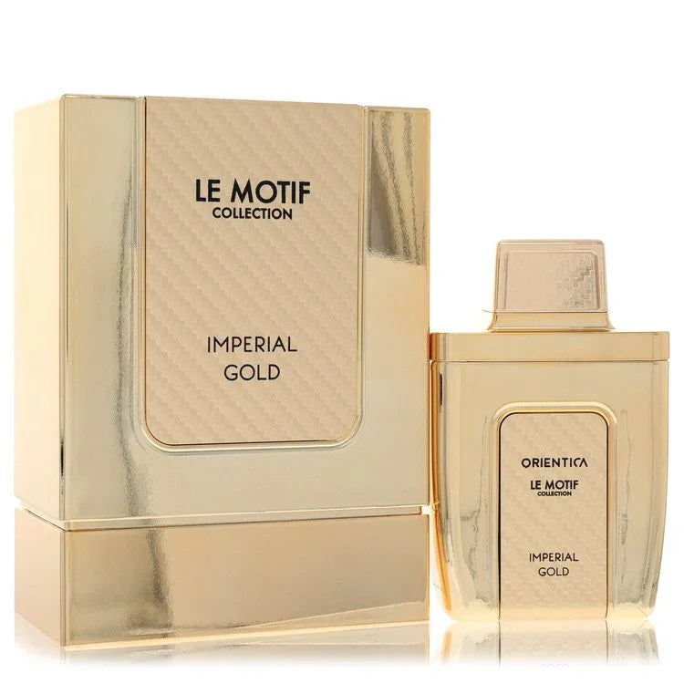 Gold perfume bottle and packaging with 'Le Motif Collection' branding on a white background