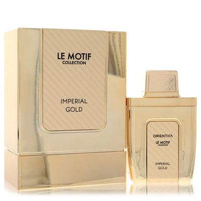 Gold perfume bottle and packaging with 'Le Motif Collection' branding on a white background