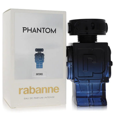Blue perfume bottle and packaging with 'phantom' branding on a white background