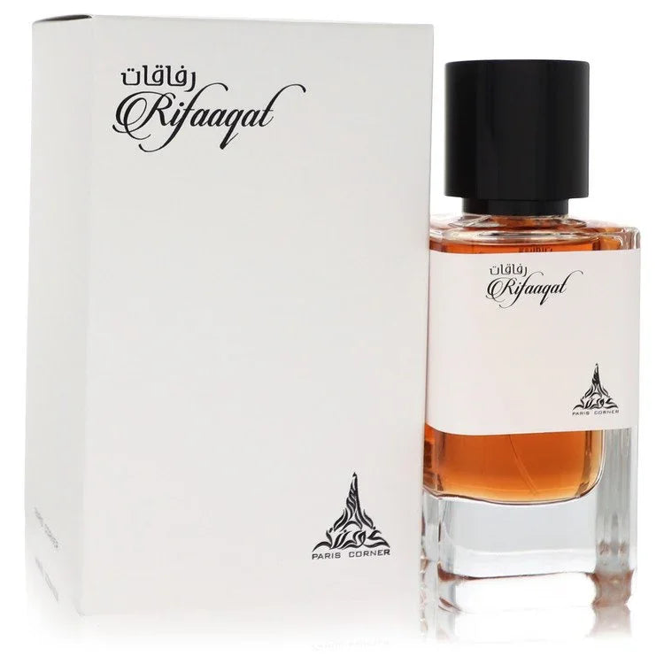 Paris Corner Rifaaqat Eau de Parfum bottle with black pepper, elemi, pink pepper, olibanum, saffron, bourbon vanilla, suede, and cedarwood