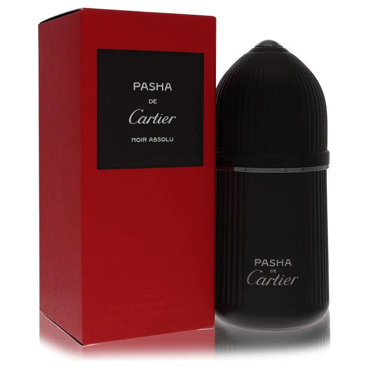 Black Cartier Pasha perfume bottle with red box on a white background
