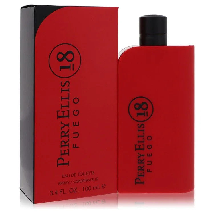 Red Perry Ellis 18 Fuego perfume bottle and packaging on a white background
