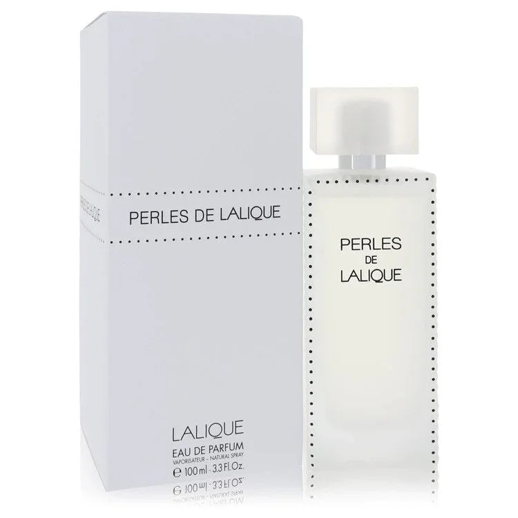 Perles de Lalique perfume bottle and packaging on a white background
