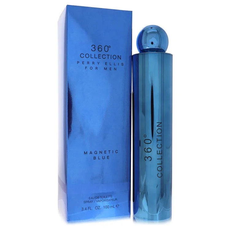 Blue Perry Ellis 360 Collection Magnetic Blue perfume bottle and packaging on a white background