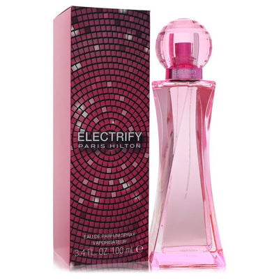 Paris Hilton Electrify Eau de Parfum bottle — amber floral women's perfume with red apple, mandarin, ozonic notes, peony, rose, vanilla absolute, and coconut.
