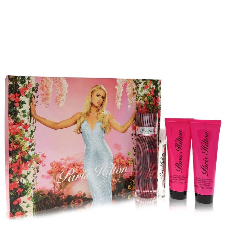 Paris Hilton perfume set with floral design and product packaging.