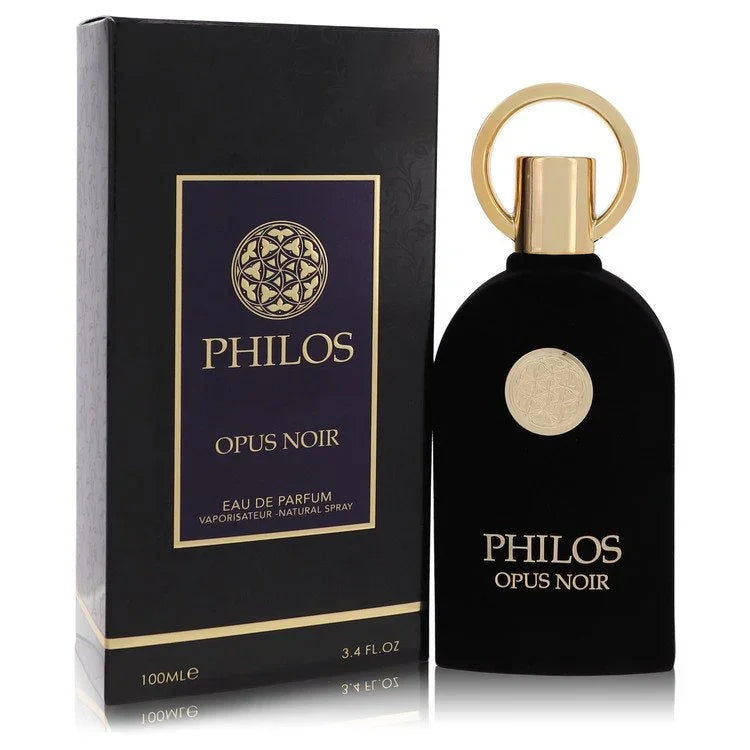 Philos Opus Noir perfume bottle and packaging on a white background