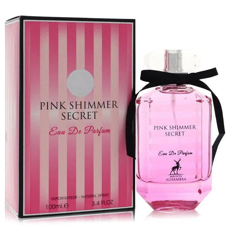 Maison Alhambra Pink Shimmer Secret Perfume luxury signature heavy pink bottle displaying its elegant structural detailing, refined branding, and modern design accent lines against a clean backdrop