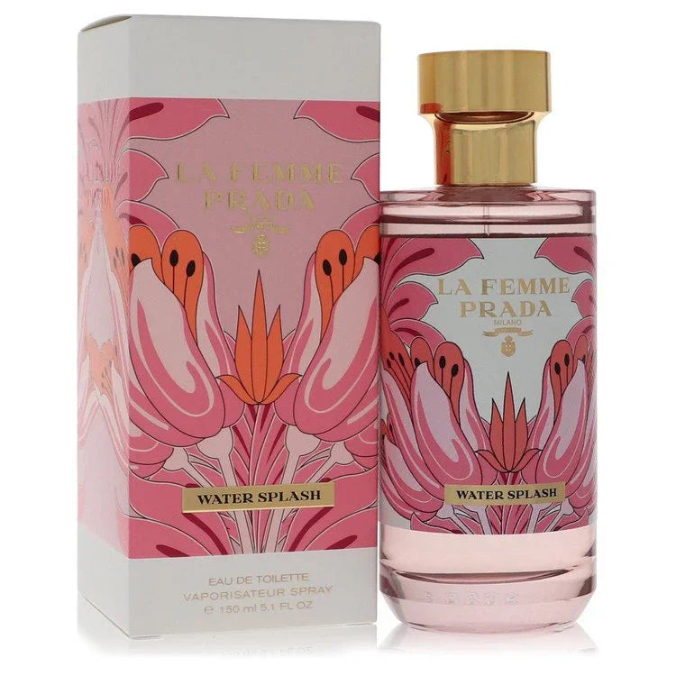 La Femme Prada Water Splash perfume bottle and packaging with flamingo design on a white background