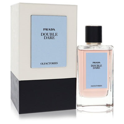 Prada Olfactories Double Dare Cologne bottle — bold woody aromatic fragrance with bergamot, black pepper, cardamom, geranium, sandalwood, and vetiver.