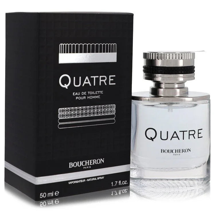 Boucheron Quatre perfume bottle and packaging on a white background