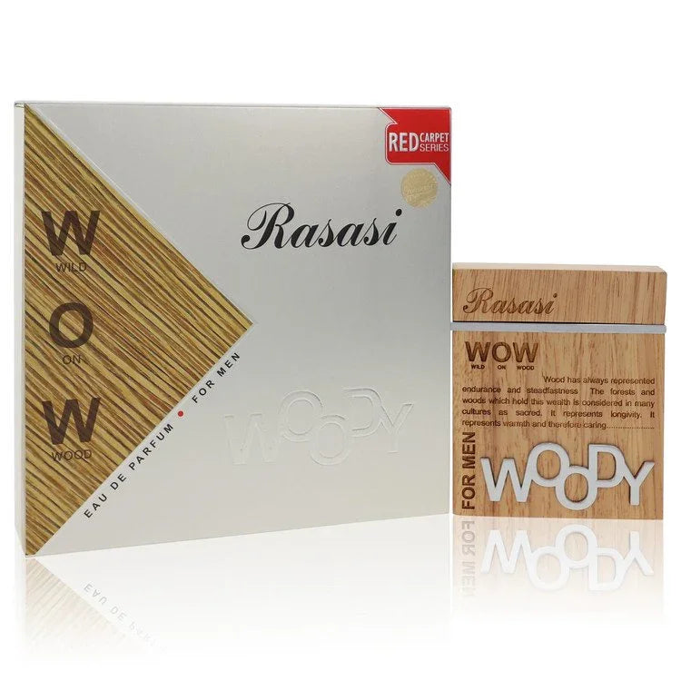 Rasasi Woody perfume packaging on a white background