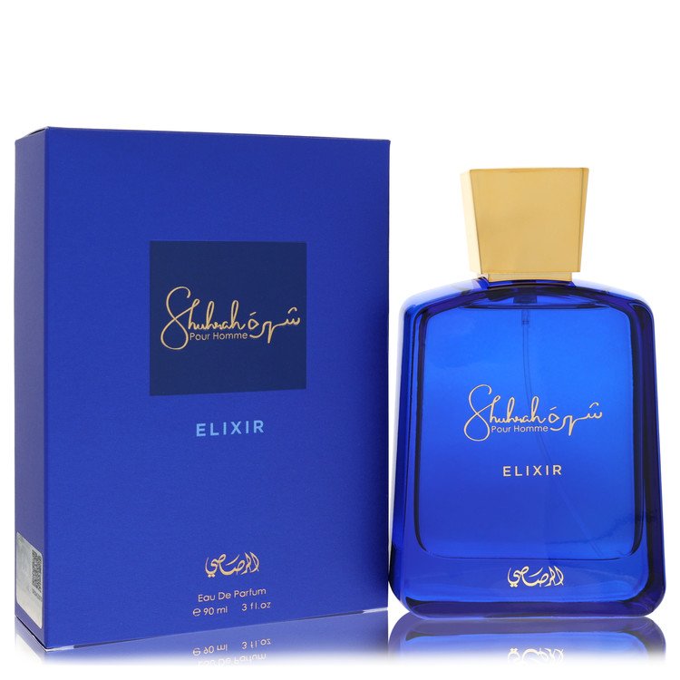 Rasasi Shuhrah Elixir Eau de Parfum royal blue bottle — aromatic woody oriental EDP with lemon, ginger, violet, rose and oud