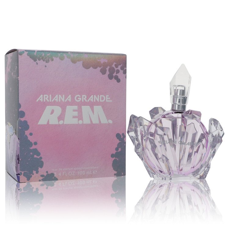 Ariana Grande R.E.M. Perfume iconic UFO saucer bottle — celestial gourmand floral fruity fragrance featuring salted caramel, quince, pear, fig, violet, jasmine petals, sandalwood, musk, and cashmere wood notes