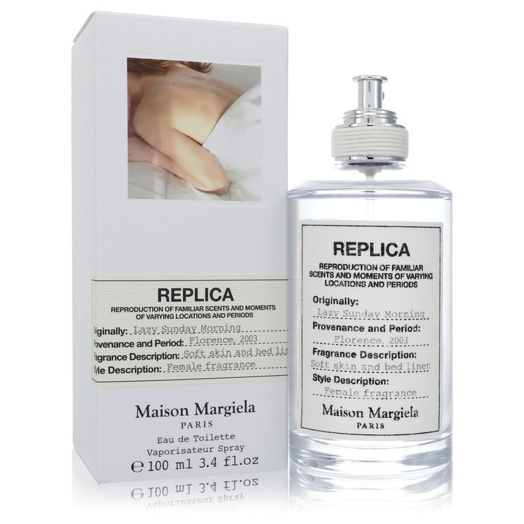 Replica Lazy Sunday Morning Perfume bottle by Maison Margiela — floral fresh fragrance with pear, lily of the valley, iris, rose, white woods, Indonesian patchouli leaf and white musk