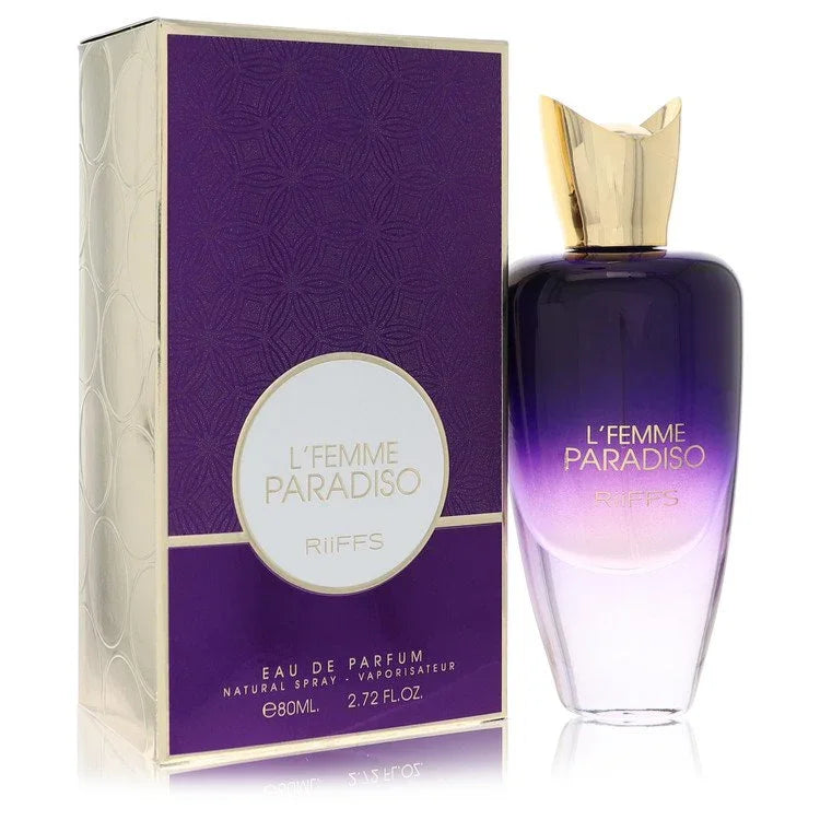 L'Femme Paradiso perfume bottle and packaging on a white background