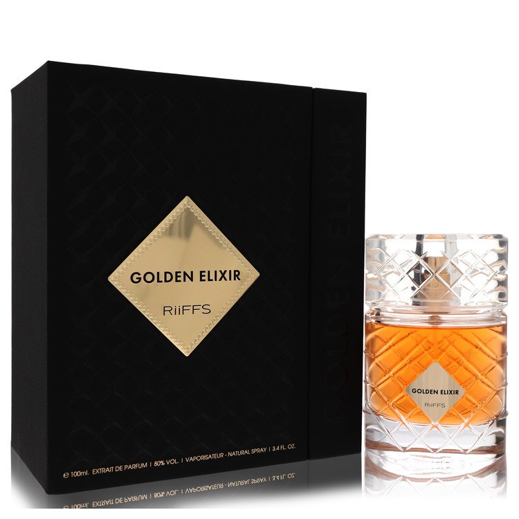 Perfume bottle and packaging of Golden Elixir by Riiffs on a white background